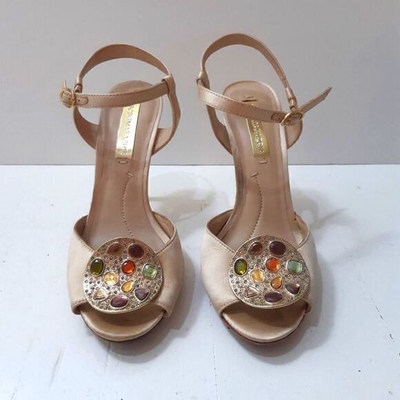 Like New BCBGMaxAzria Jewelled Creamy Satin Gold Heels - Picture 2 of 16